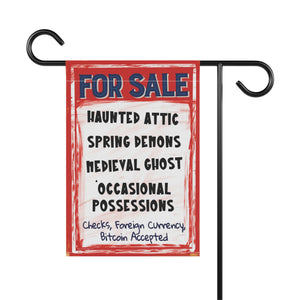 Garden flag with 'Haunted House For Sale Retro Halloween' design