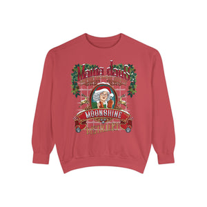 Red sweatshirt with a festive design featuring a Santa-like character and text on a white background