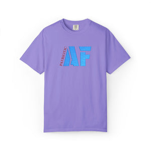 Purple t-shirt with blue text on a white background