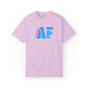 Light purple t-shirt with 'Patriotic AF' text on a white background