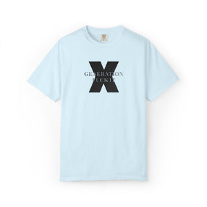 Light blue t-shirt with embroidered Gen X  text on a white background