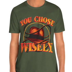 Person wearing a Forest t-shirt with '80s Movies Pop Culture Action Novelty' design on a plain background