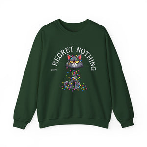 Green sweatshirt with a graphic of a cat tangled in Christmas lights and text the says 'I Regret Nothing'.