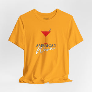 Red t-shirt with 'American Woman Patriotic Martini July 4th' design on a white background