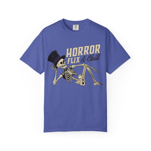 Sage t-shirt with 'Horror Flix & Chill Skeleton Halloween' design on a white background
