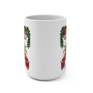 White mug with festive design of a red truck and Christmas trees on a white background