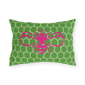 throw pillow with 'Honeycomb Bee Reversible Pink & Green' design
