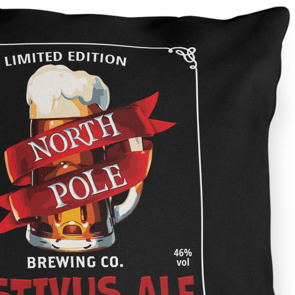 Pillow with North Pole Brewing Co. Festivus Ale design on a black background