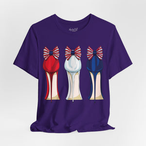 Charity pink t-shirt with 'Patriotic Fashion July 4th' design on a white background