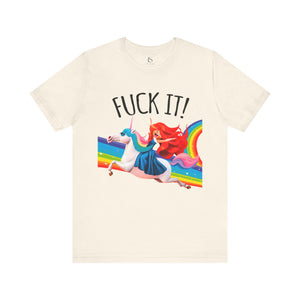 Black t-shirt with 'Rainbows & Unicorns Funny' design on a white background