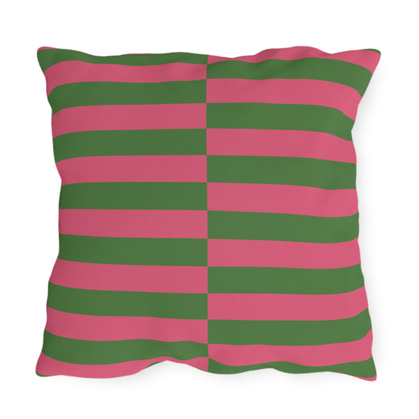 Pink and Green Striped Indoor Outdoor Throw Pillow