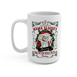 mug with 'Mama Clause Moonshine Christmas 15oz' graphic on a white background
