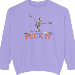 Purple Halloween sweatshirt with a skeleton and 'F*ck It' text on a white background