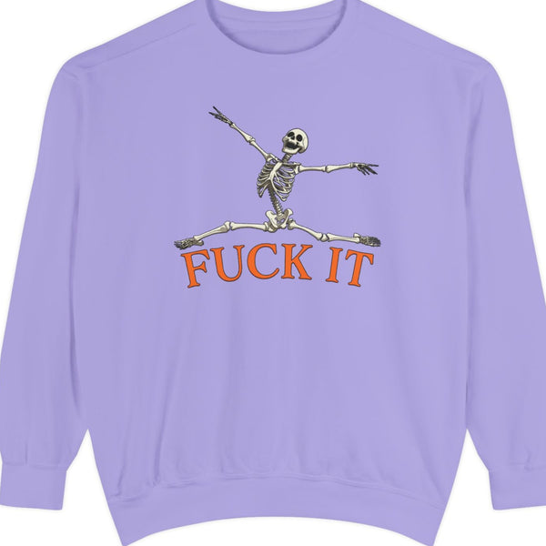Purple Halloween sweatshirt with a skeleton and 'F*ck It' text on a white background