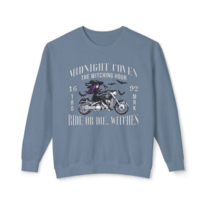 Ivory sweatshirt with 'Ride or Die Witches Halloween' design on a plain background