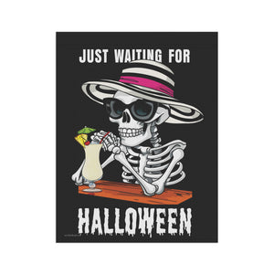 Yard flag with a skeleton wearing a hat and sunglasses drinking a pina colada and text that reads just waiting for summer
