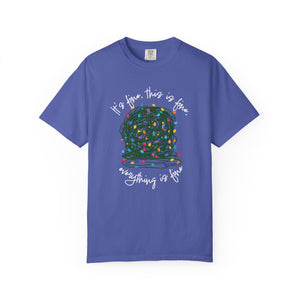 blue t-shirt with a graphic of a tangled ball of lights with text It's fine, this is fine, everything is fine.