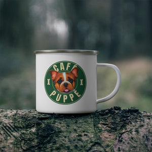 mug with 'Cafe Puppe Treat' graphic on a white background