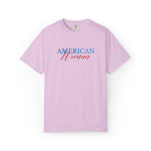 Pink t-shirt with 'American Woman' text on a white background