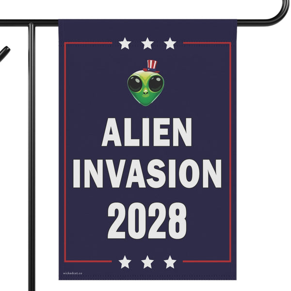 Garden flag with alien design and text 'Alien Invasion 2028' on a blue background.
