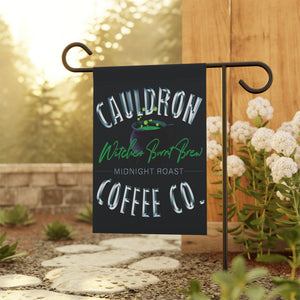 Garden flag with 'Witches Cauldron Coffee Company Halloween' design