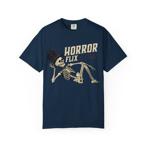 Orange t-shirt with 'Horror Flix & Chill Skeleton Halloween' design on a white background