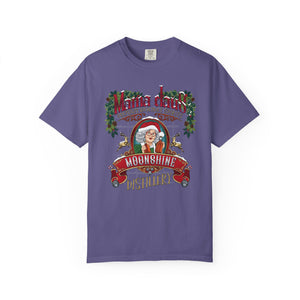 Purple t-shirt with a graphic design of a man in a Santa hat and text on a white background