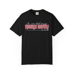 Navy blue t-shirt with 'Sponge Worthy 90s Seinfeld Grunge' design on a white background