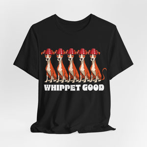 Black t-shirt with 'Whippet Good Devo 80's Music Funny' design on a white background