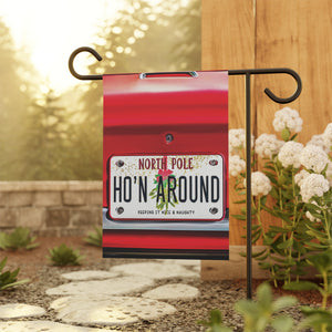 Garden flag with 'Santa's Sleigh Ho'n Around Funny Christmas' design