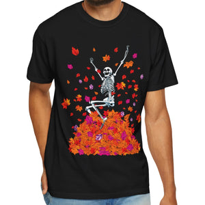 Man wearing a black t-shirt with a colorful skeleton design on a white background