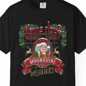 Black t-shirt with colorful graphic design featuring holiday moonshine design and text on a white background