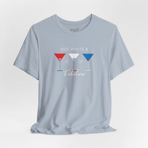 Dark grey t-shirt with 'Red White and Fabulous Patriotic Martini July 4th' design on a white background