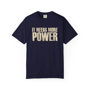 Black t-shirt with graphic design and text on a white background