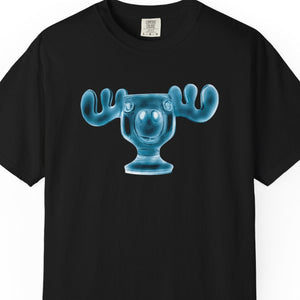 Black t-shirt with a blue moose graphic on a white background