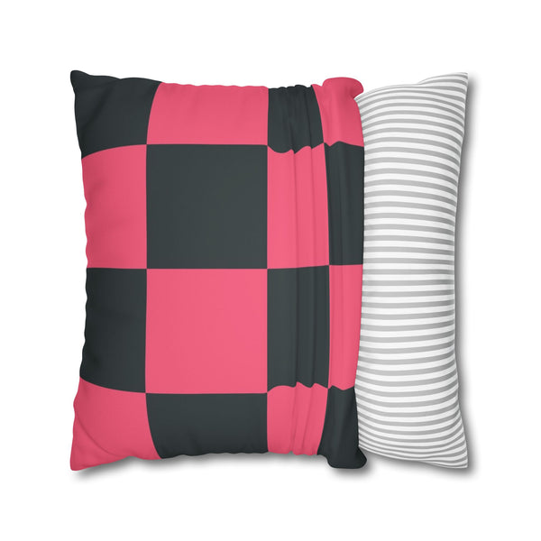 Pink & Dark Grey Checkered Faux Suede Pillow Cover