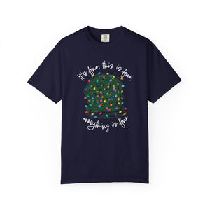 navy t-shirt with a graphic of a tangled ball of lights with text It's fine, this is fine, everything is fine.