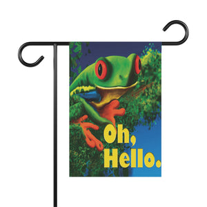 Garden flag with 'Oh Hello Frog Funny' design