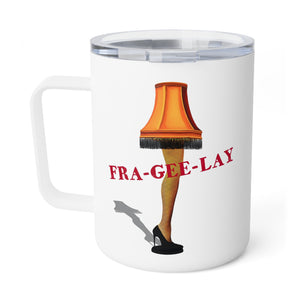 mug with 'Leg Lamp Christmas Story Insulated Travel 10oz' graphic on a white background
