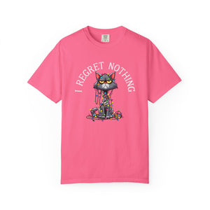 Pink t-shirt with a cartoon cat tangled in Christmas lights with text at the top that says I Regret Nothing