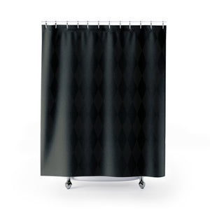 Black diamond patterned shower curtain on a white background