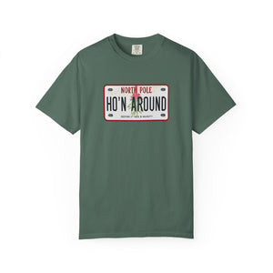 Green t-shirt with a humorous holiday license plate design on a white background