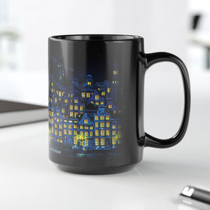 mug with 'Starry Night Amsterdam Art' graphic on a white background