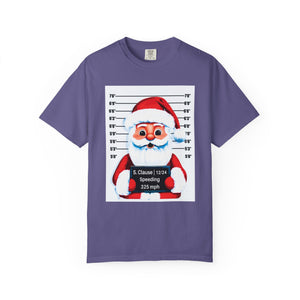 Purple t-shirt with a graphic of Santa Claus on a mugshot background