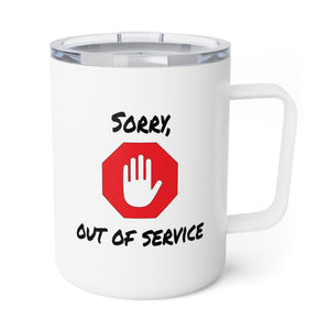 White mug with 'Sorry, Out of Service' text and stop sign icon on a white background
