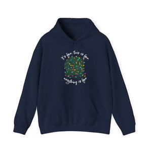 Navy blue sweatshirt hoodie with a graphic of a ball of tangled Christmas lights and text that says 'It's fine, this is fine, everything is fine'.