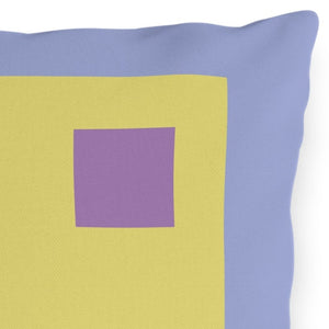 A square outdoor throw pillow with a solid blue border and a solid yellow center, with four purple squares arranged in a 2x2 grid pattern on the front.