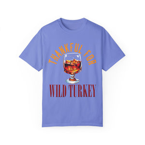 Blue t-shirt with 'Wild Turkey Funny Holiday' design on a white background