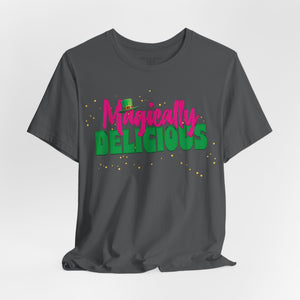 Natural t-shirt with 'Magically Delicious Funny St. Patrick's Day' design on a white background