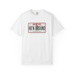 White t-shirt with a humorous holiday license plate design on a white background